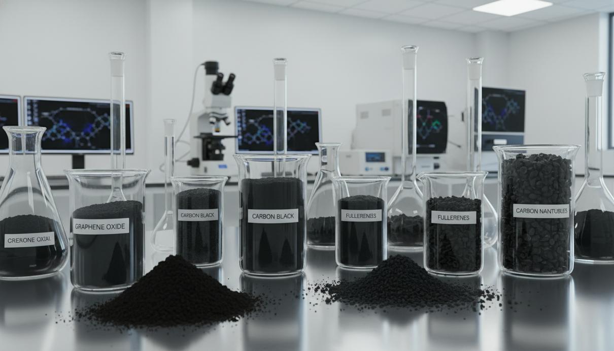 Стеклянные емкости с темным углеродным порошком и лабораторные печи в исследовательском центре