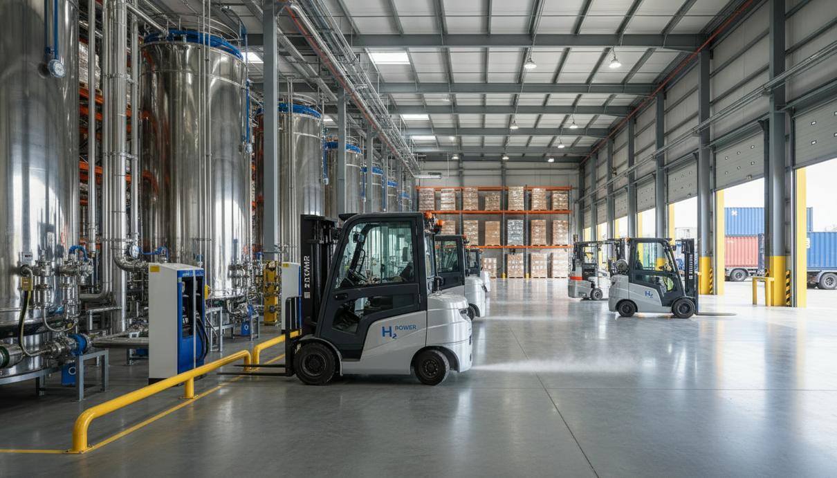 Складские погрузчики с водородными топливными элементами в современном логистическом центре