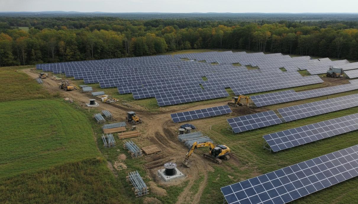 Солнечные панели на этапе установки на открытом участке земли в окружении деревьев