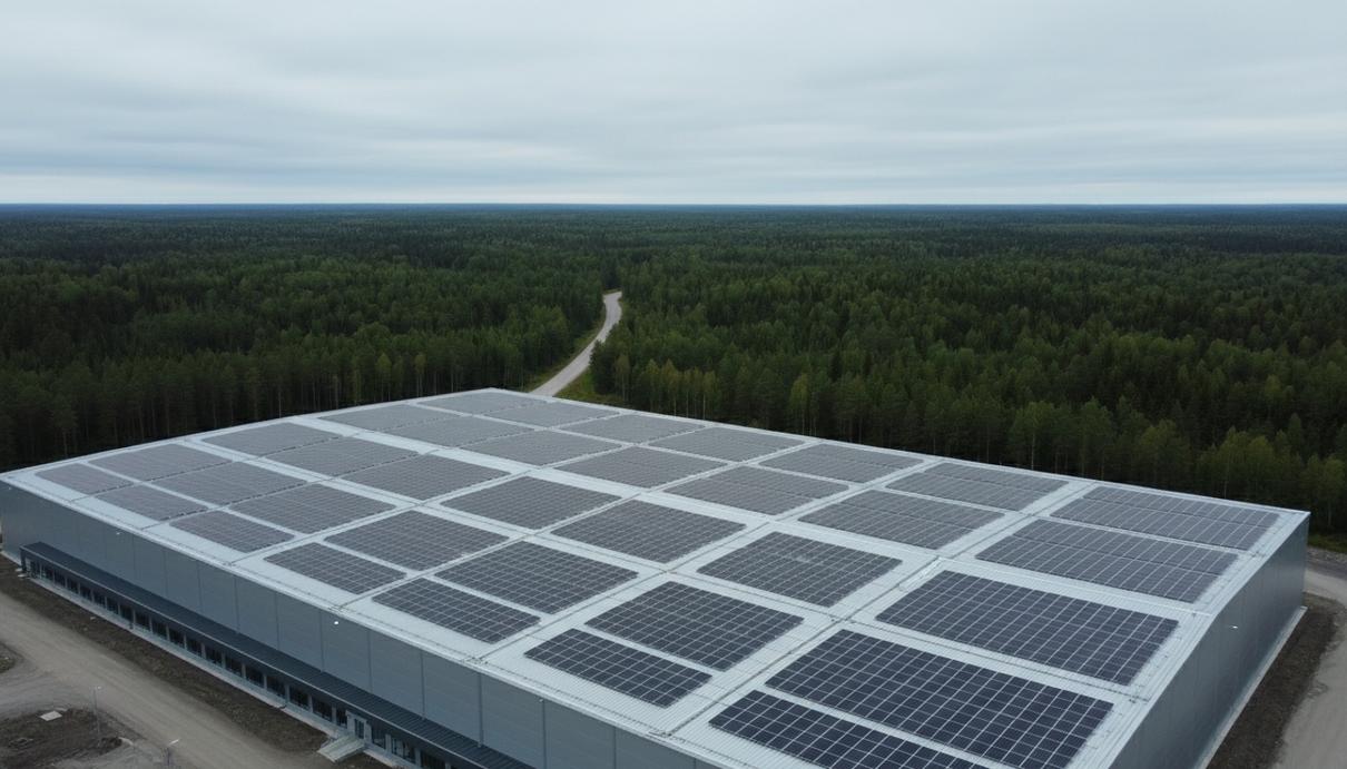 Ряды солнечных панелей на крыше крупного складского комплекса в Эйдсволле на фоне леса