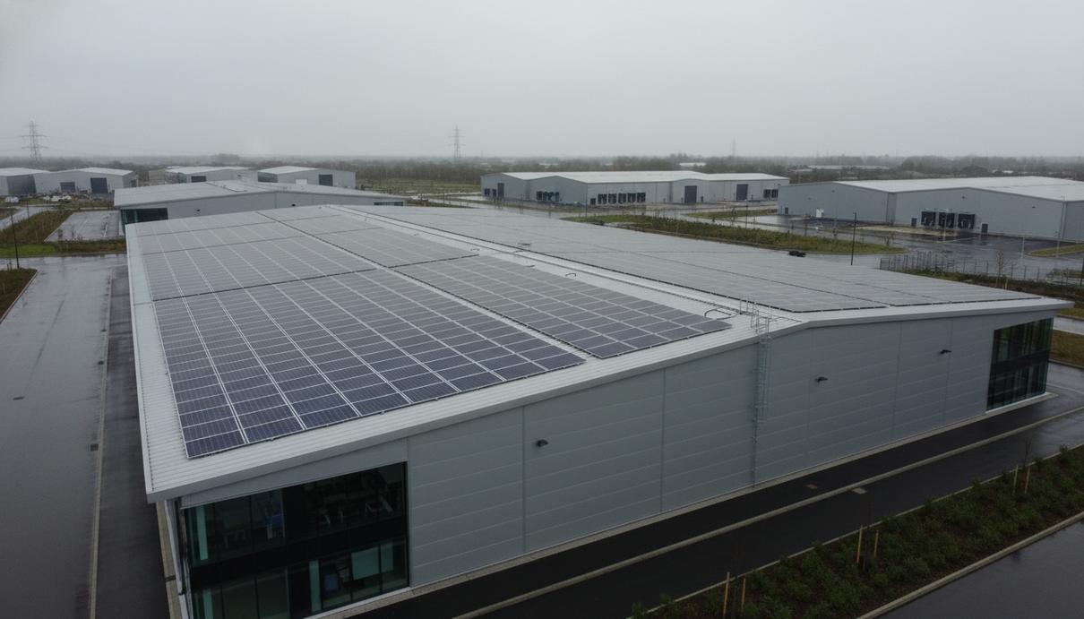 Солнечные панели на крыше крупного современного промышленного здания в дневное время.