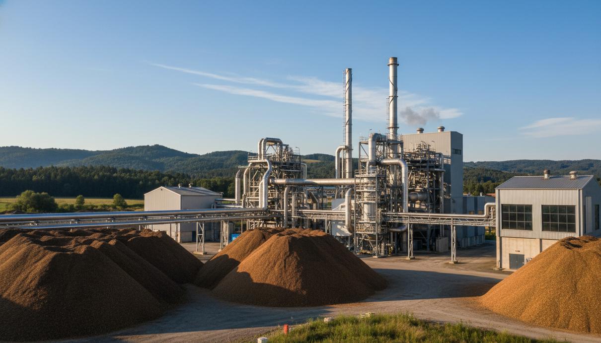 Современная электростанция на биомассе с запасами древесной щепы на фоне зеленых холмов Хорватии.