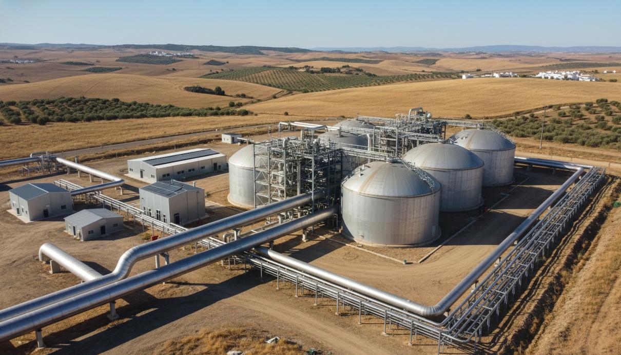 Современный промышленный комплекс по производству возобновляемого газа с трубопроводами на фоне испанских холмов.