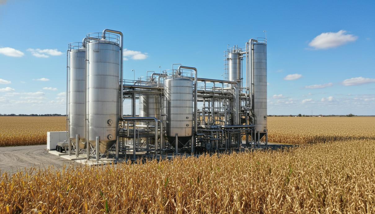 Промышленный завод с трубами и цистернами рядом с обширным полем созревшей кукурузы.