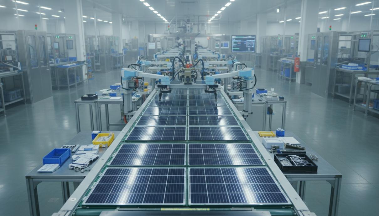 Конвейерная линия на заводе по сборке фотоэлектрических панелей с кремниевыми ячейками