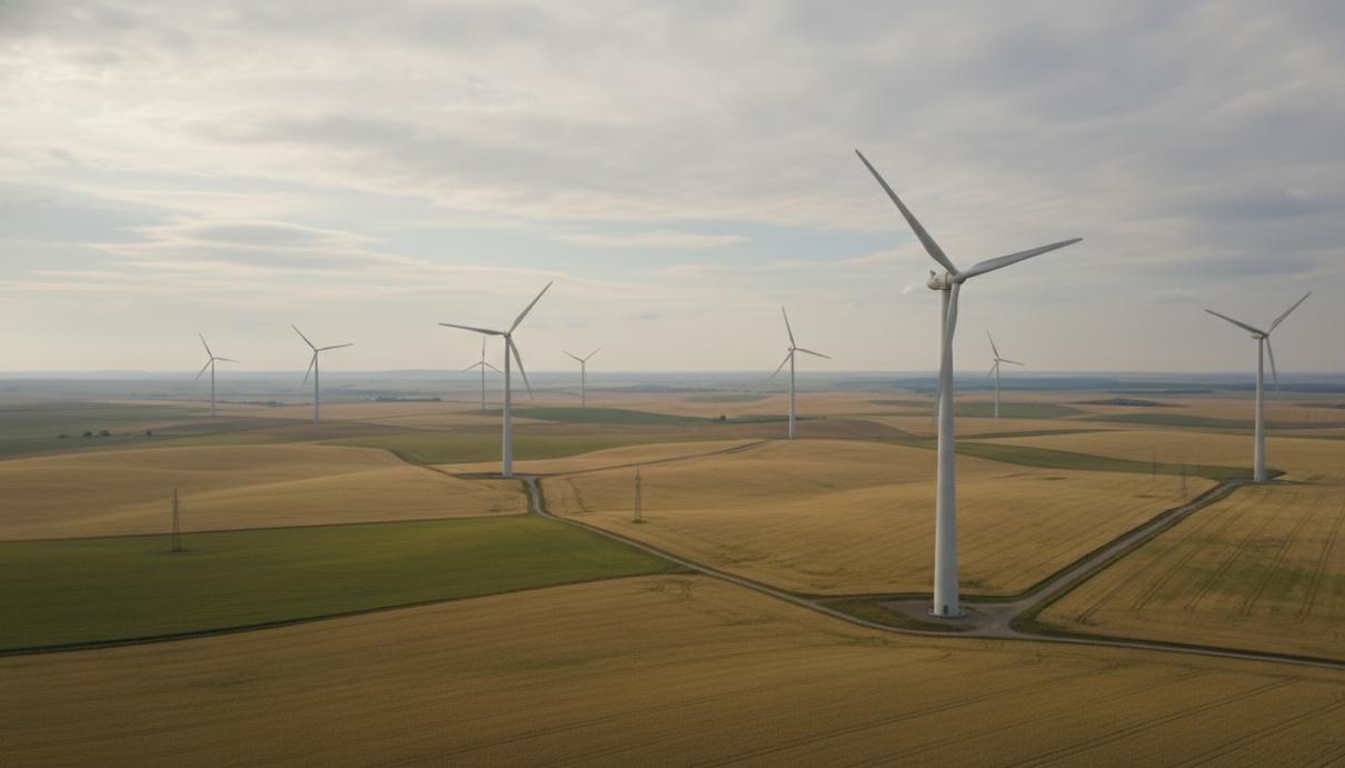 Группа современных ветрогенераторов на открытой равнине под облачным небом в Германии.