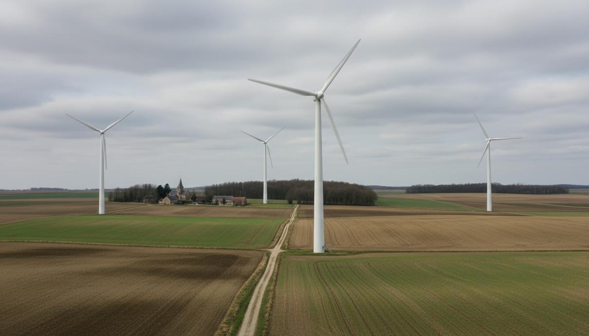 Четыре белых ветровых генератора на открытом поле в коммуне Сент-Андре-Фаривиллер во Франции