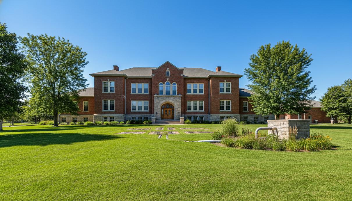 Школьный округ Миннесоты получил 5,5 млн долларов за геотермальный проект Фасад кирпичного здания школы в штате Миннесота с элементами инженерных коммуникаций на зеленом газоне.