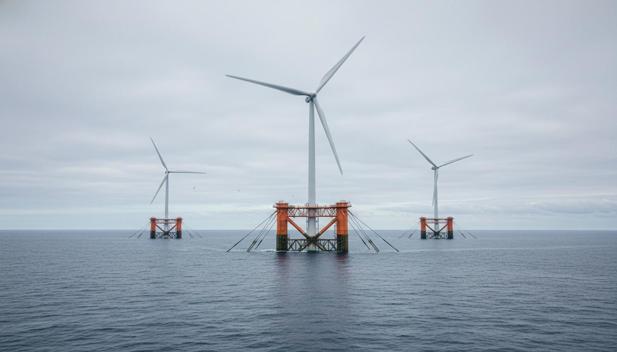 Плавучие ветрогенераторы на полупогружных основаниях в открытом море под облачным небом.