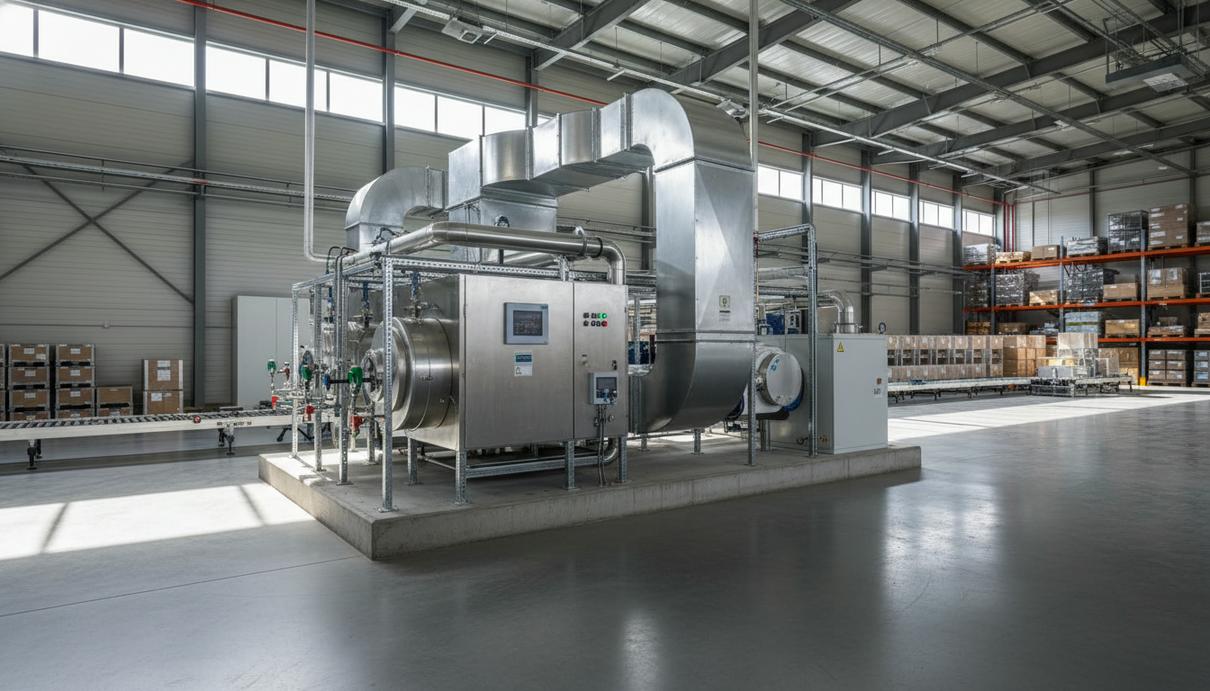 Kabar займется внедрением беспламенного водородного отопления в Польше Промышленный водородный нагреватель в металлическом корпусе в интерьере современного склада