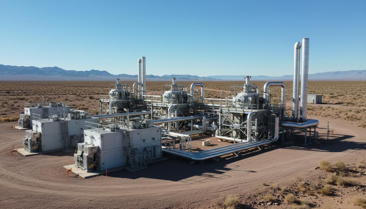 Fervo Energy и Turboden построят геотермальные мощности на 1,75 ГВт Технологические модули и трубопроводы промышленной геотермальной станции в пустынной местности