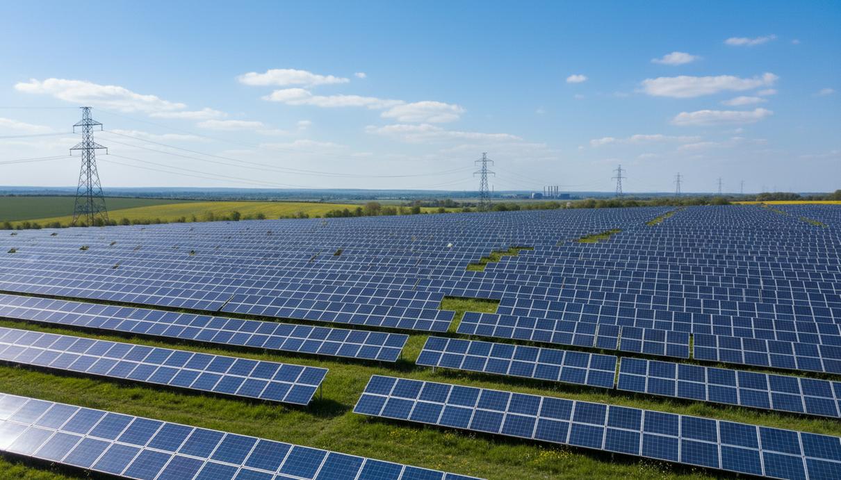 Ряды солнечных панелей на зеленом поле под ясным небом на фоне опор линий электропередачи