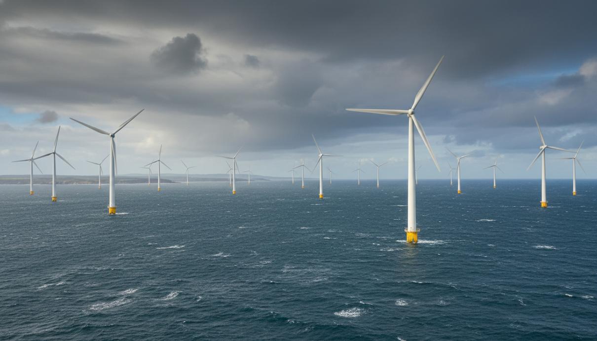 Морские ветряные турбины в открытом море на фоне неба в районе нидерландского побережья.