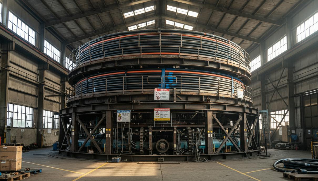 SCA поставит 50Hertz системы хранения кабеля для морской ветроэнергетики Огромная металлическая карусель с намотанным энергетическим кабелем на промышленном складе.