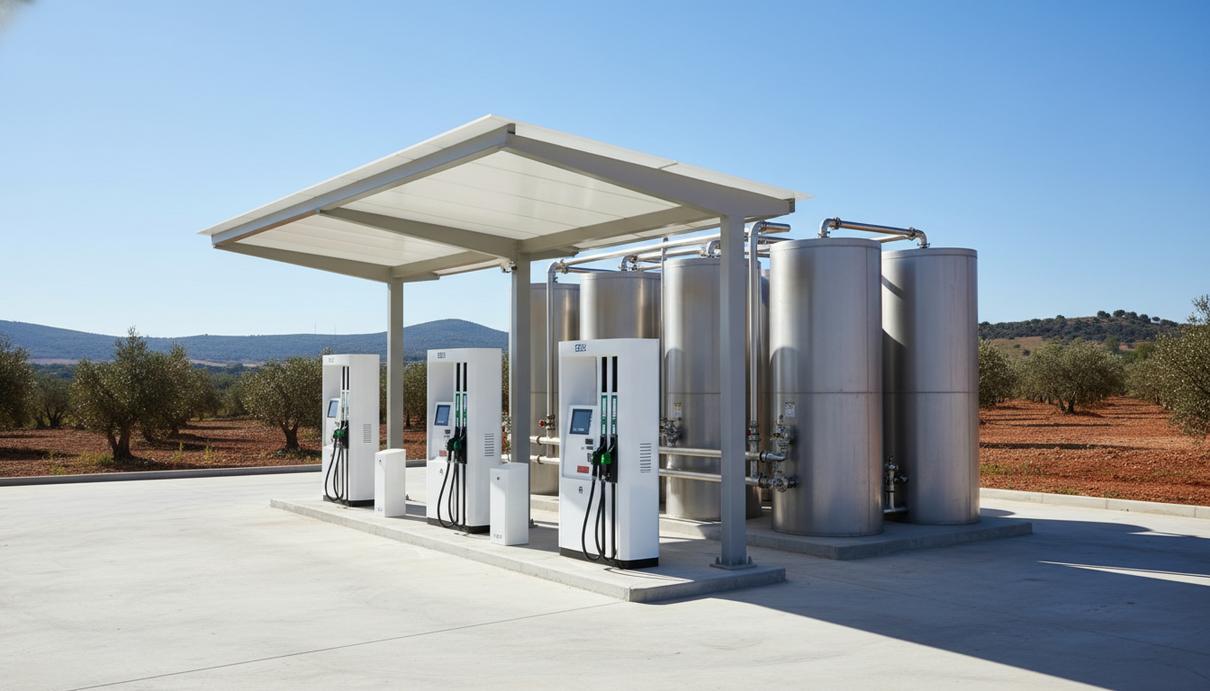 Водородная автозаправочная станция с белыми топливораздаточными колонками на фоне накопительных резервуаров.