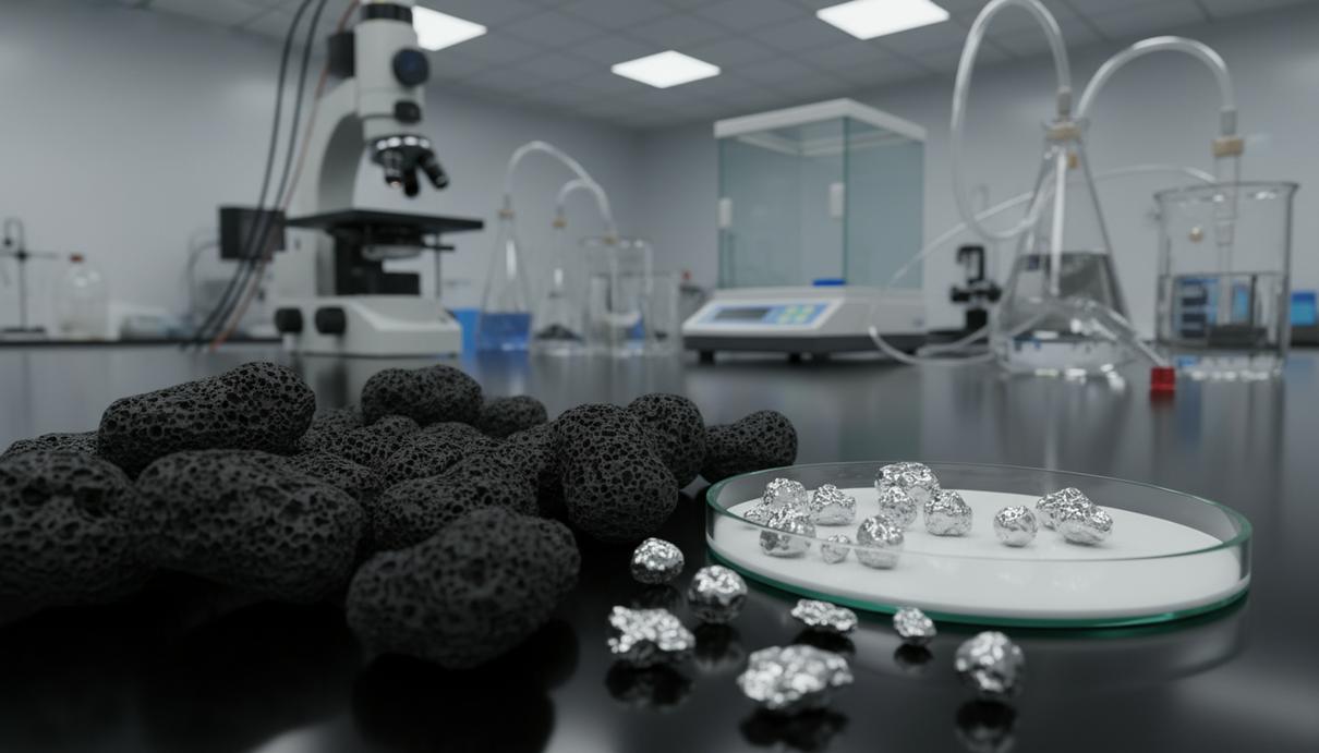 Разработан эффективный метод получения водорода из древесных смол Гранулы черного биоугля и порошковые металлические катализаторы в прозрачных лабораторных емкостях.