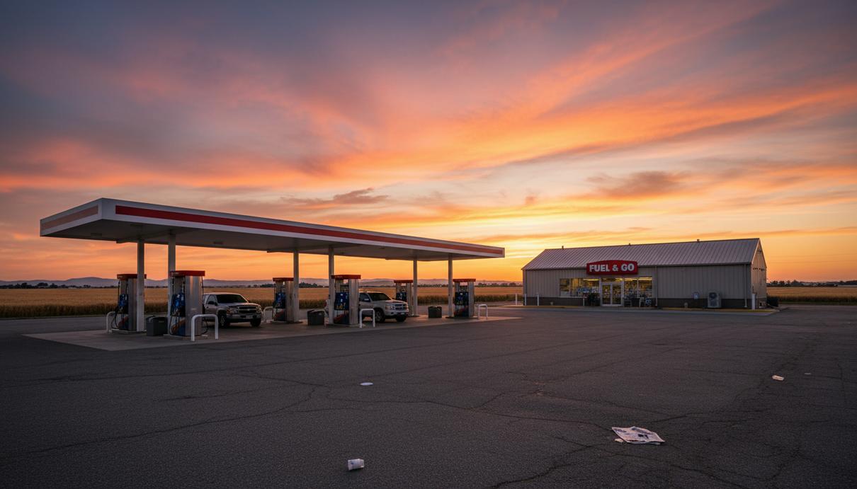 Автозаправочная станция на фоне сельскохозяйственного поля в вечернее время.