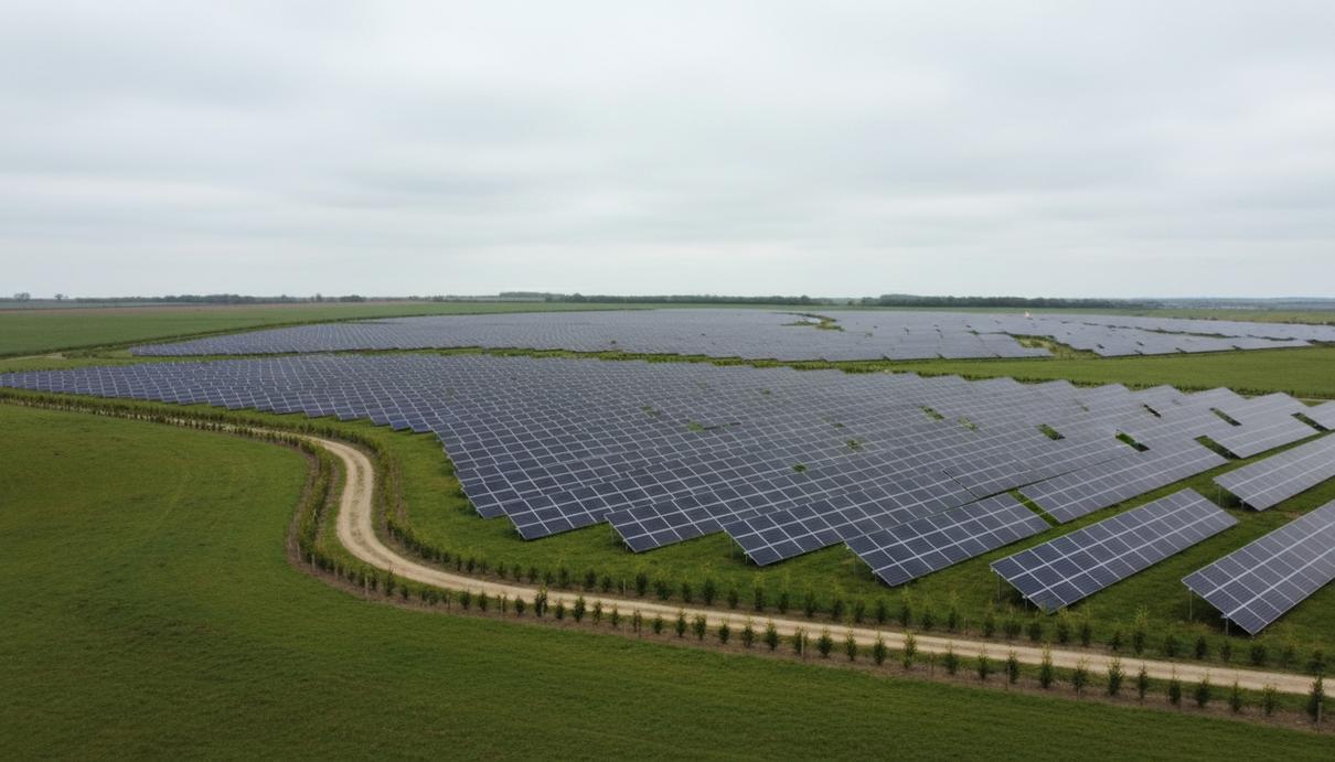 Правительство Великобритании разрешило строительство крупной СЭС Springwell Солнечные панели на зеленых полях графства Линкольншир, разделенные живыми изгородями и дорожками.