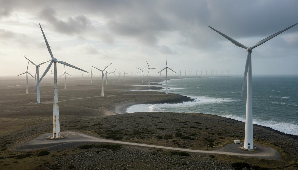 Европа определит судьбу трети своих ветропарков к 2030 году Морской ветропарк с рядами турбин под пасмурным небом на побережье