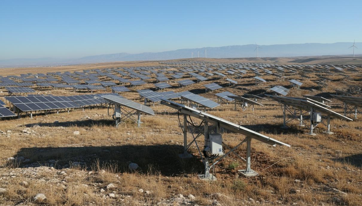 Array Technologies поставит системы слежения для солнечного парка в Турции Ряды солнечных панелей на поворотных механизмах, установленные на холмистом ландшафте в Турции