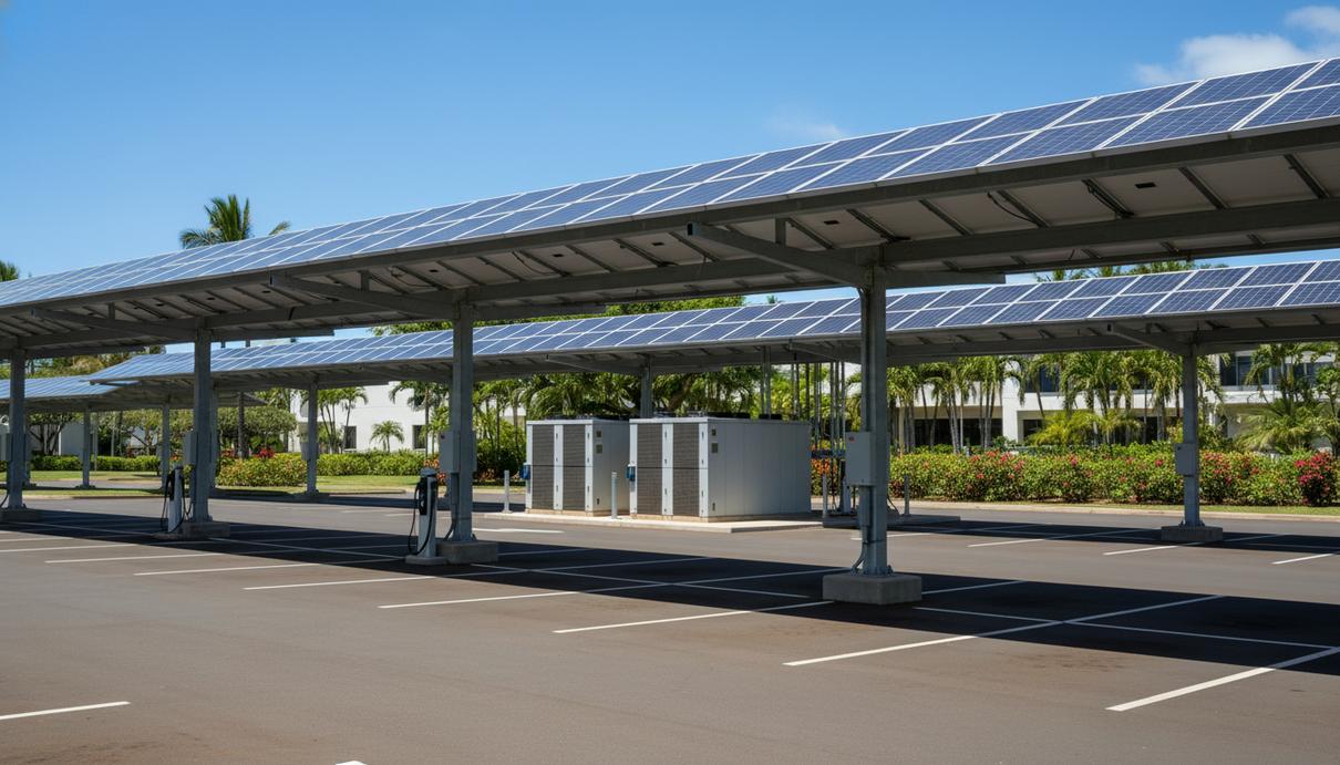 Солнечные панели в виде навесов над парковкой на фоне тропической растительности и ясного неба.