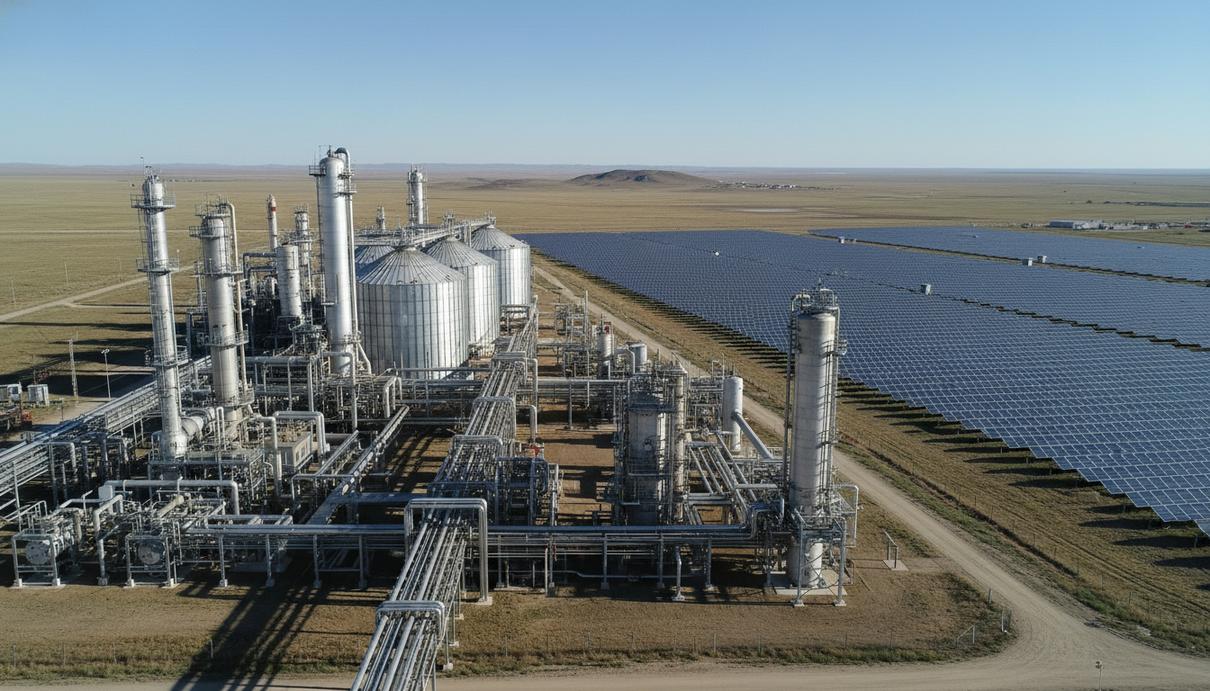 В Узбекистане построят комплекс по производству экологичного авиатоплива Промышленный биоперерабатывающий комплекс и поле солнечных панелей на открытой местности.