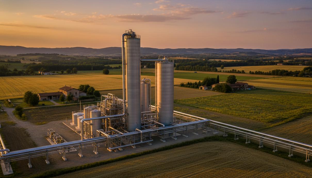 Промышленная станция по производству биометана с резервуарами и трубами в сельской местности Италии