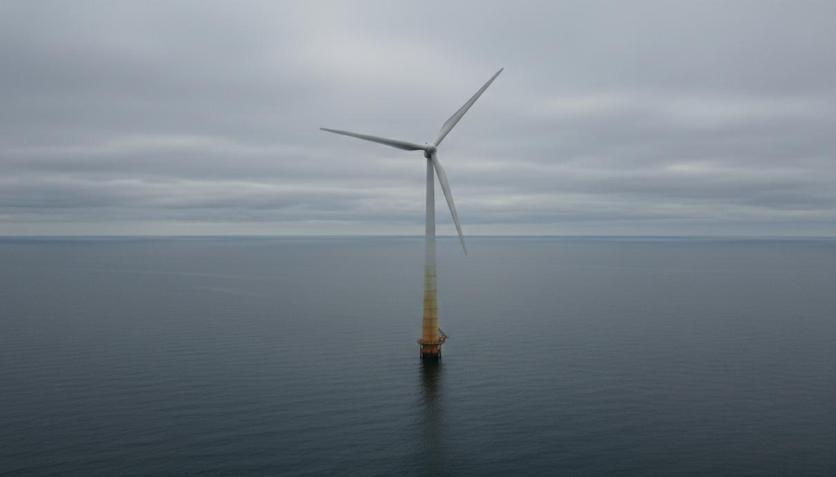 Одиночная морская ветряная турбина со стальной башней и тремя лопастями в открытом море