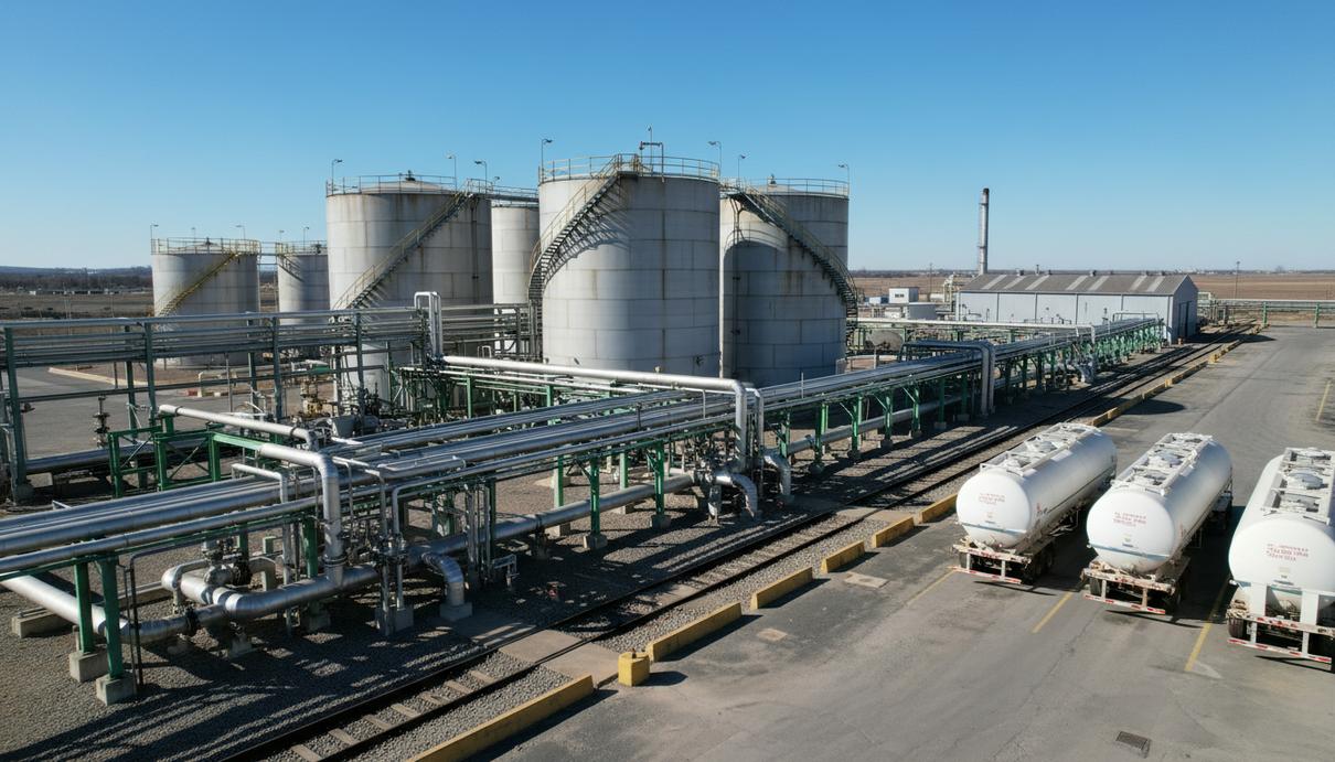 Льготы для поставщиков биодизеля оказались эффективнее субсидий производителям Промышленный комплекс с металлическими резервуарами для хранения биодизеля и системой топливных труб.