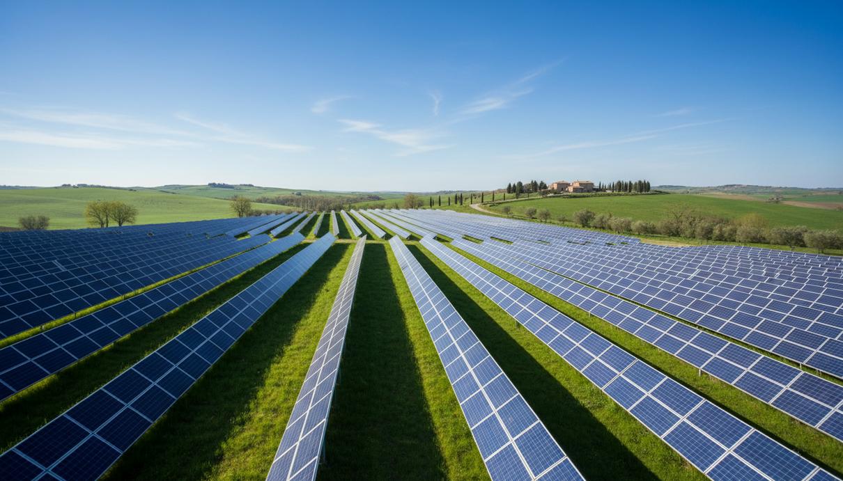 Ряды солнечных панелей на зеленом поле на фоне холмистого пейзажа и ясного неба в Италии