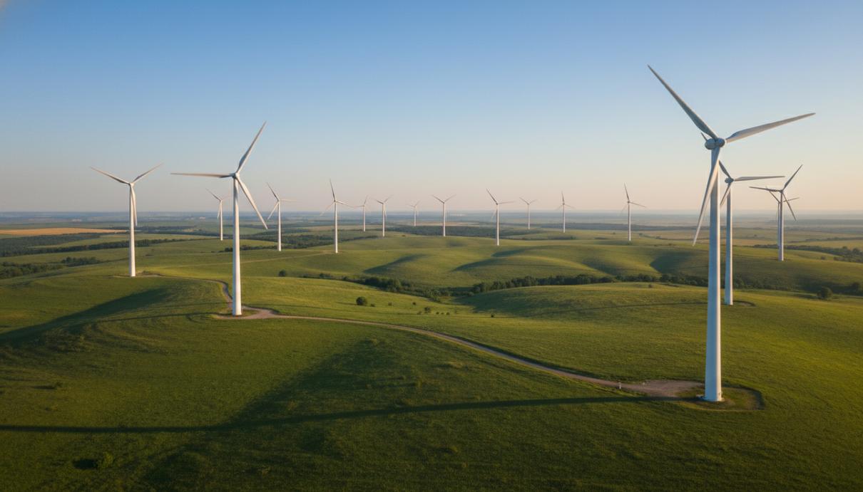 Современные белые ветрогенераторы на зеленых холмах Болгарии под ясным небом