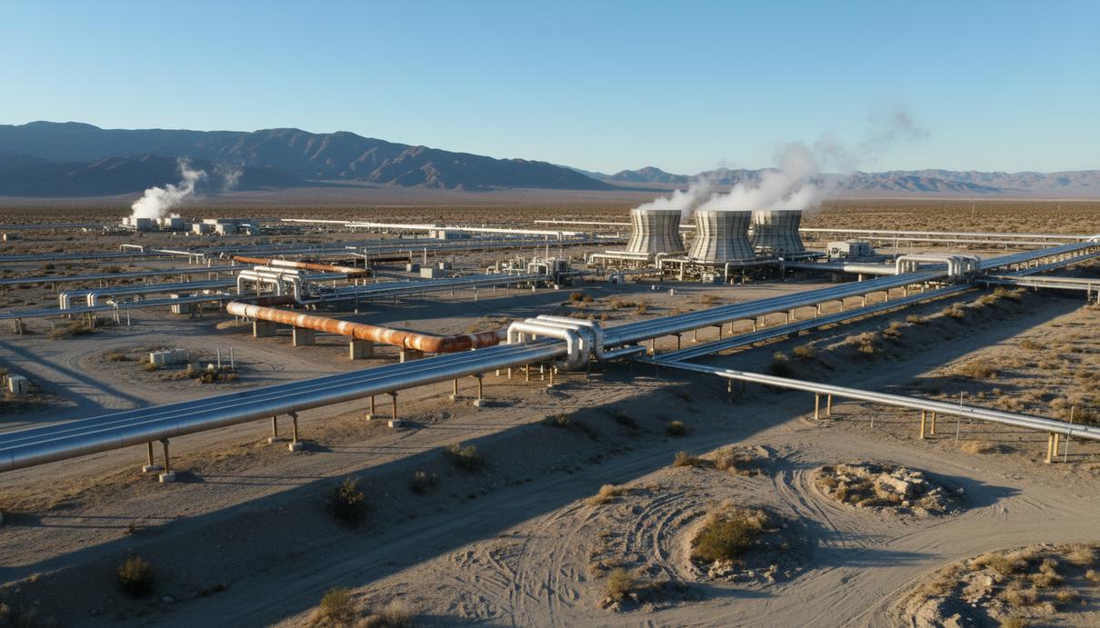 XGS Energy построит в Калифорнии геотермальные станции мощностью 115 МВт Технологическое оборудование и трубопроводы геотермальной станции на фоне калифорнийского горного пейзажа.