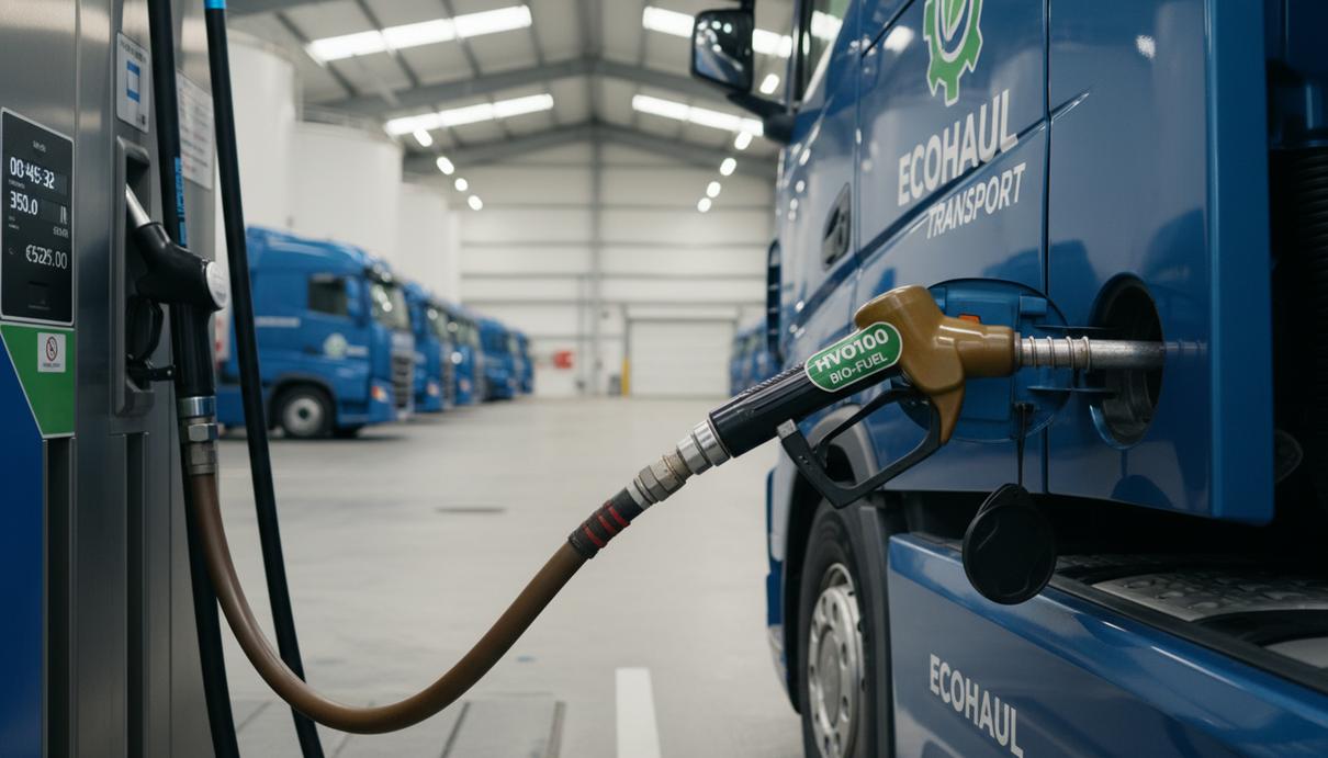 Грузовой автомобиль на заправочной станции с биотопливом на фоне логистического терминала