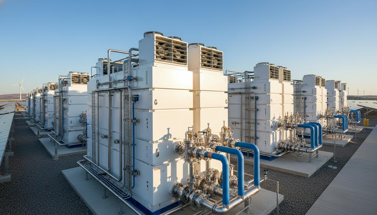 Белые промышленные модули электролизной установки с трубами и радиаторами охлаждения на открытой площадке