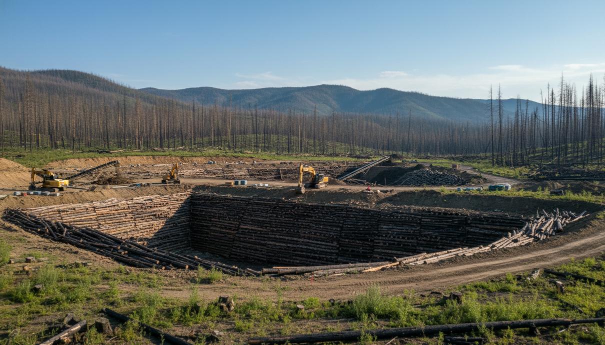 Подземное хранилище для обгоревшей древесины на месте лесного пожара в горах Монтаны
