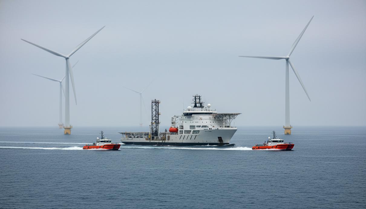 Современное судно обслуживания и катера на фоне морских ветрогенераторов в открытом море.
