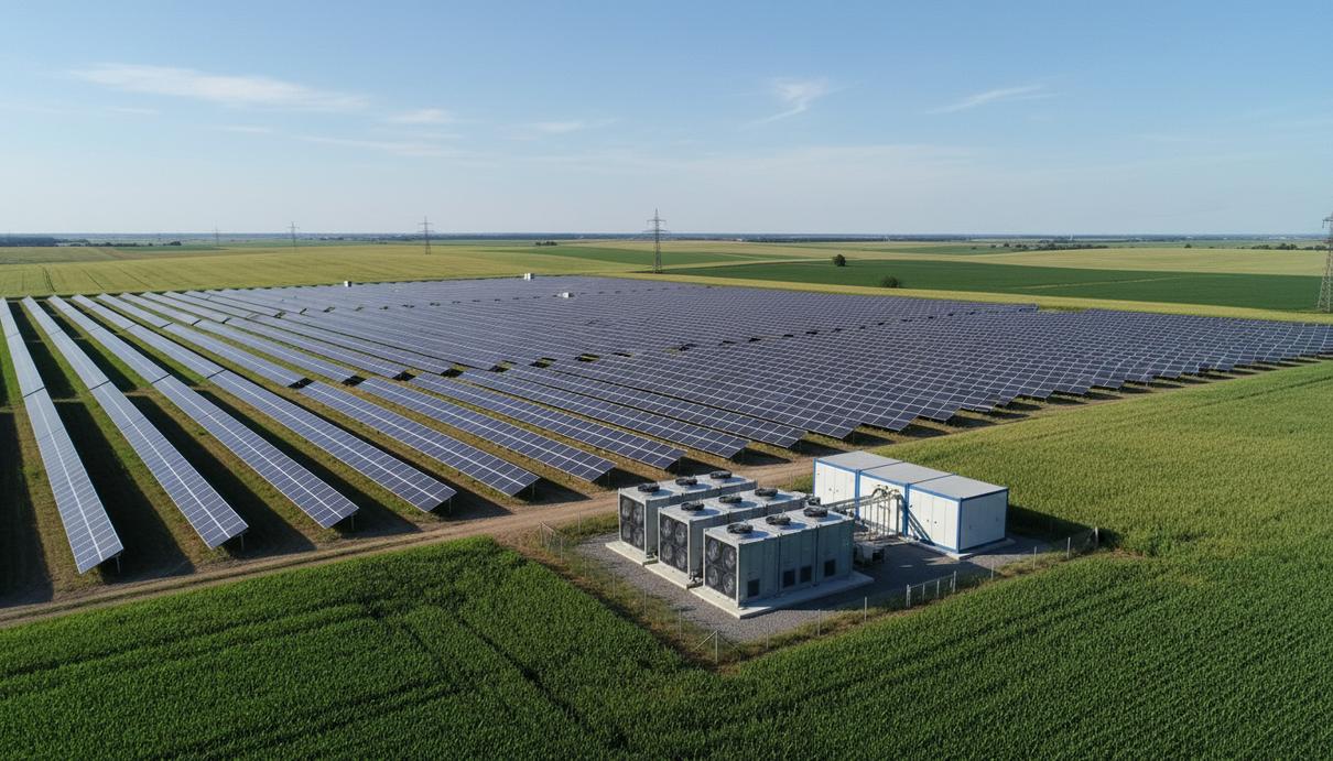 Солнечные батареи на фермерском поле рядом с промышленными накопителями энергии под открытым небом.
