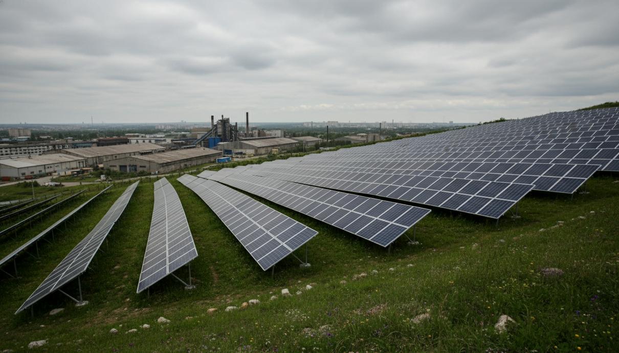 Ряды солнечных панелей на крутом зеленом склоне холма на фоне заводских корпусов.