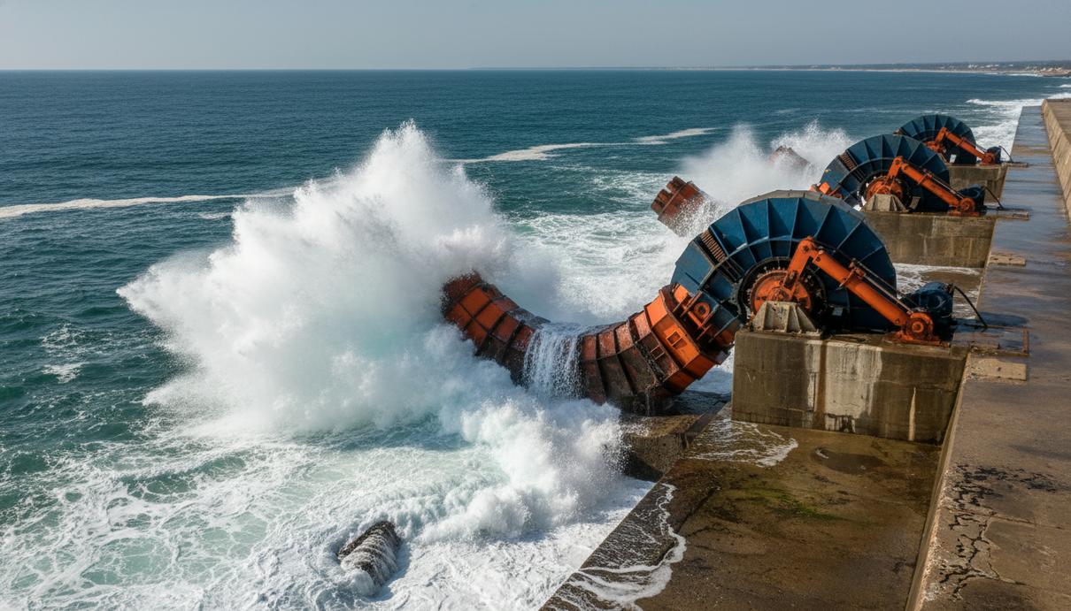 Промышленные поплавковые установки для получения электроэнергии из энергии морских волн на бетонном волнорезе