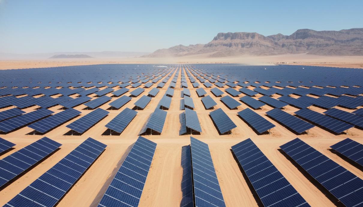 Ряды солнечных панелей электростанции в пустыне Туниса на фоне гор и ясного неба