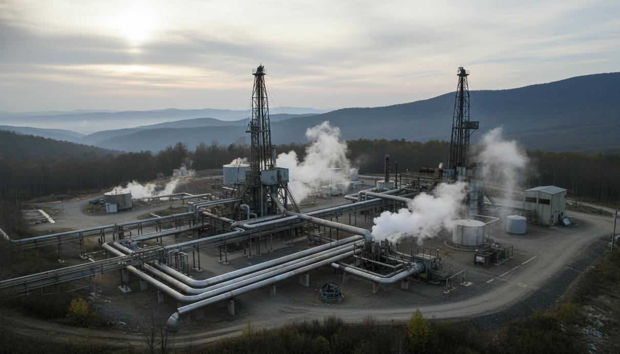 Промышленная площадка геотермальной станции в горах с сетью труб и паром, поднимающимся из скважины