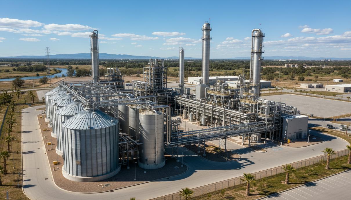 Промышленный комплекс по производству биометанола с серебристыми резервуарами и сетью трубопроводов