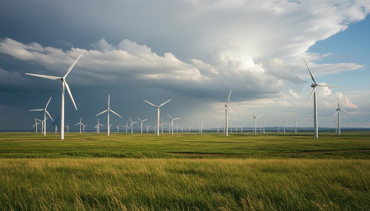 Ряд современных белых ветрогенераторов на открытой равнине под облачным небом