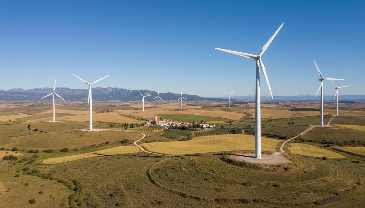 Современные белые ветрогенераторы на холмистой равнине Испании под ясным небом