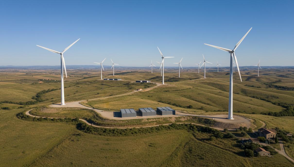 Современные ветрогенераторы и контейнеры системы накопления энергии на холмах в Испании