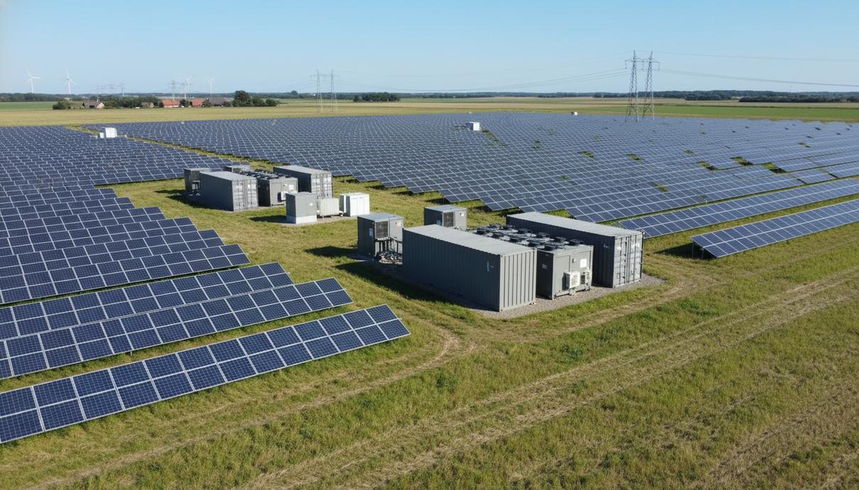Солнечные панели и промышленные контейнеры с аккумуляторами на поле в Дании