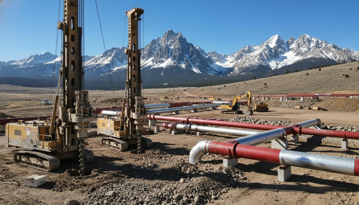 Инфраструктура геотермальной станции с трубопроводами и оборудованием на фоне горного пейзажа