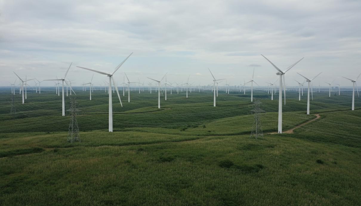 Современные ветряные турбины и опоры линий электропередачи на фоне холмистого поля под облачным небом