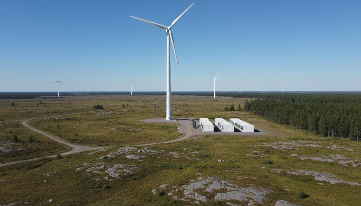 Ветряные генераторы и контейнеры с промышленными аккумуляторами на открытой местности в Финляндии.