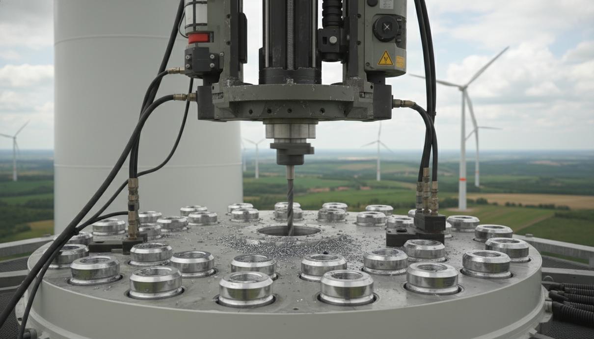Основание лопасти ветрогенератора с металлическими втулками и оборудованием для ремонта на ветропарке